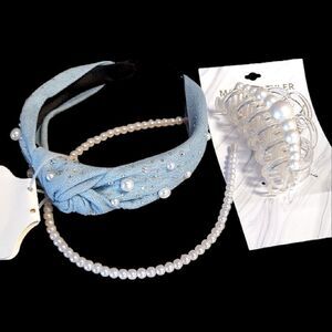 Embellished Pearl Denim Headbands And Clip Hair Accessories Bundle OF 3 NWT